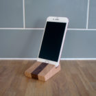 wooden handmade phone holder in oak and walnut