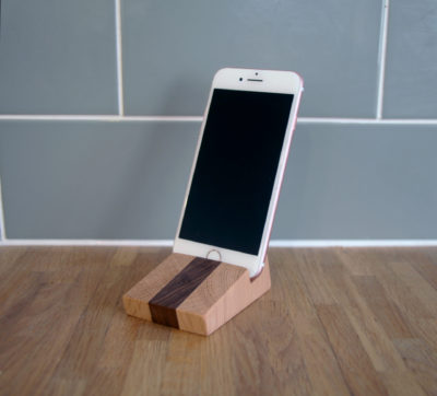 wooden handmade phone holder in oak and walnut