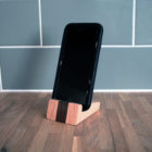 wooden handmade phone holder in oak and walnut