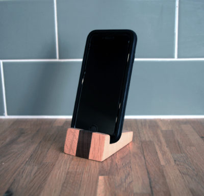 wooden handmade phone holder in oak and walnut