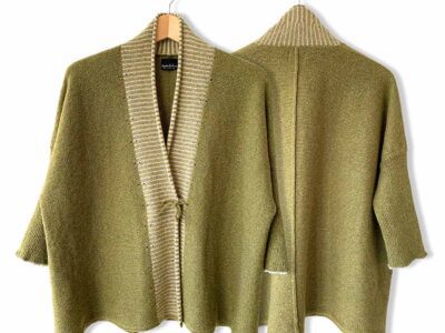 Olive green oversized wrap cardigan from Susan Holton Knitwear