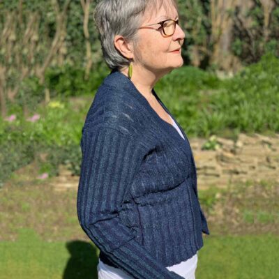 Model wears blue denim cardigan jacket